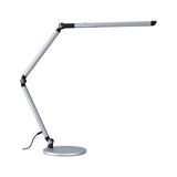 Modern silver metal LED desk lamp with adjustable arm and round base for office lighting