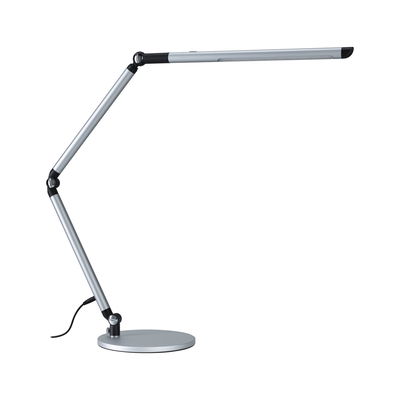Lampe de bureau LED moderne en métal argenté avec bras réglable et base ronde