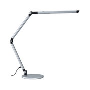 Modern silver metal LED desk lamp with adjustable arm and round base for office lighting