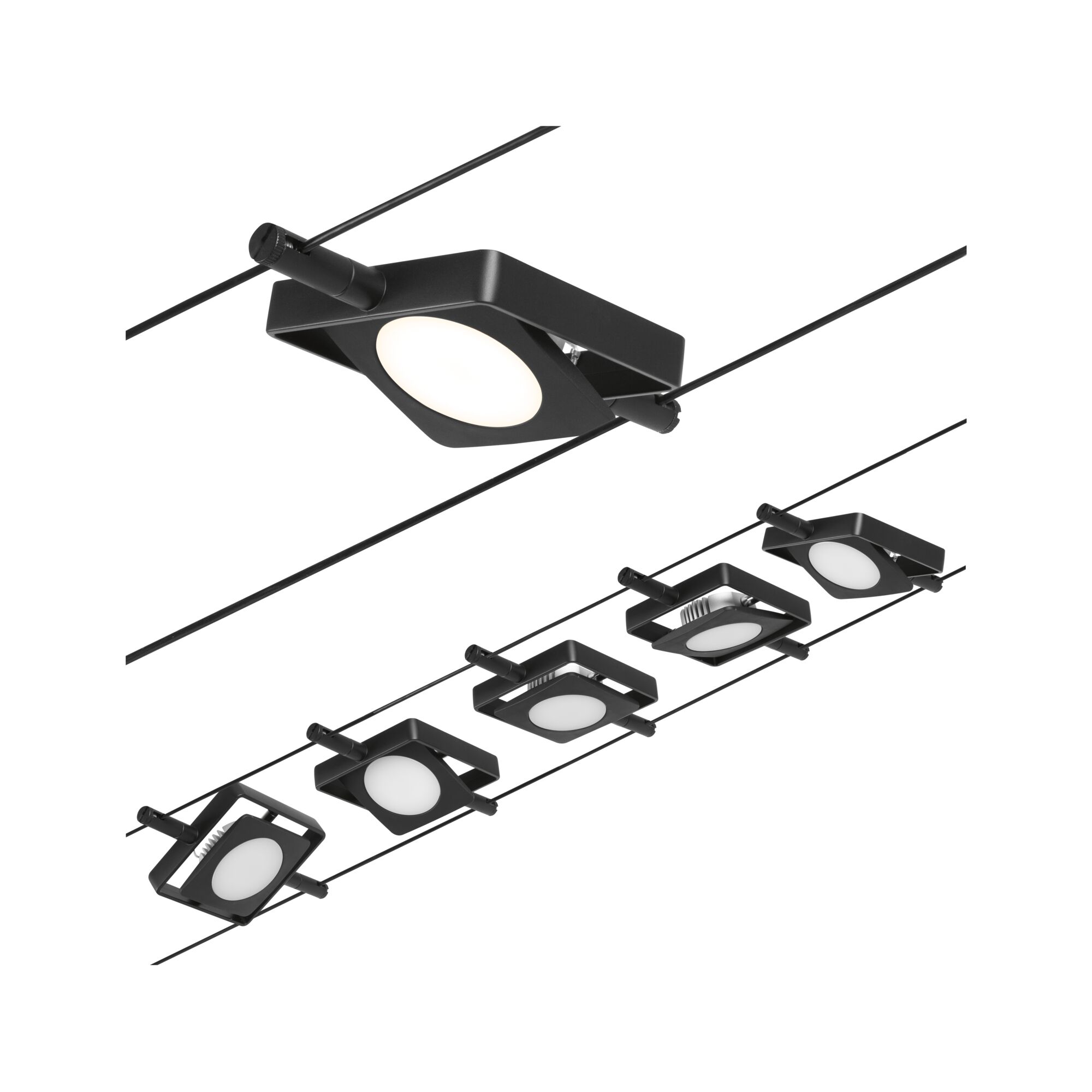 Schwarze LED-Seilstrahler mit quadratischem Gehäuse und weißem Licht für moderne Innenbeleuchtung