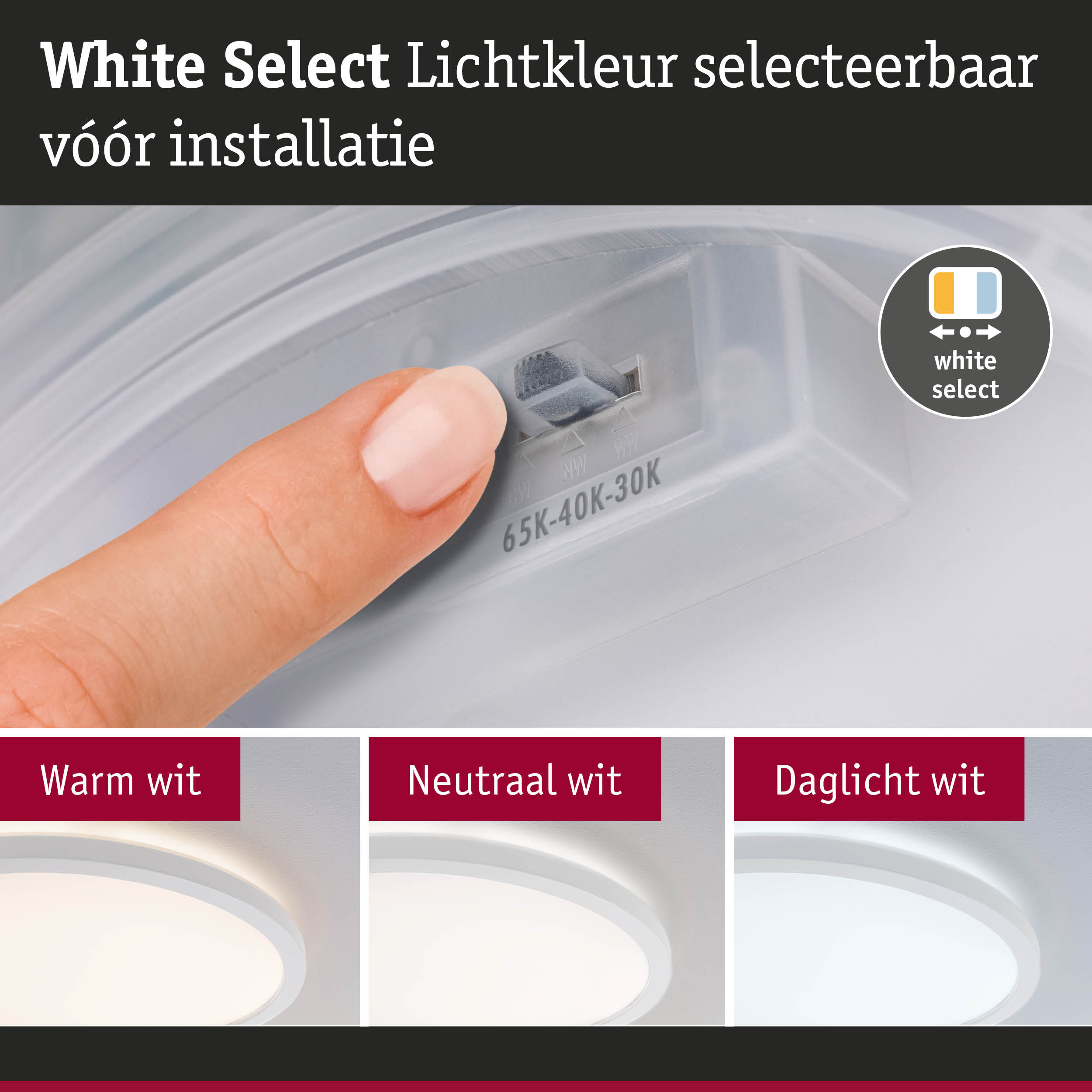 Vinger stelt witte LED-plafondlamp in met instelbare lichtkleur warm, neutraal en daglicht