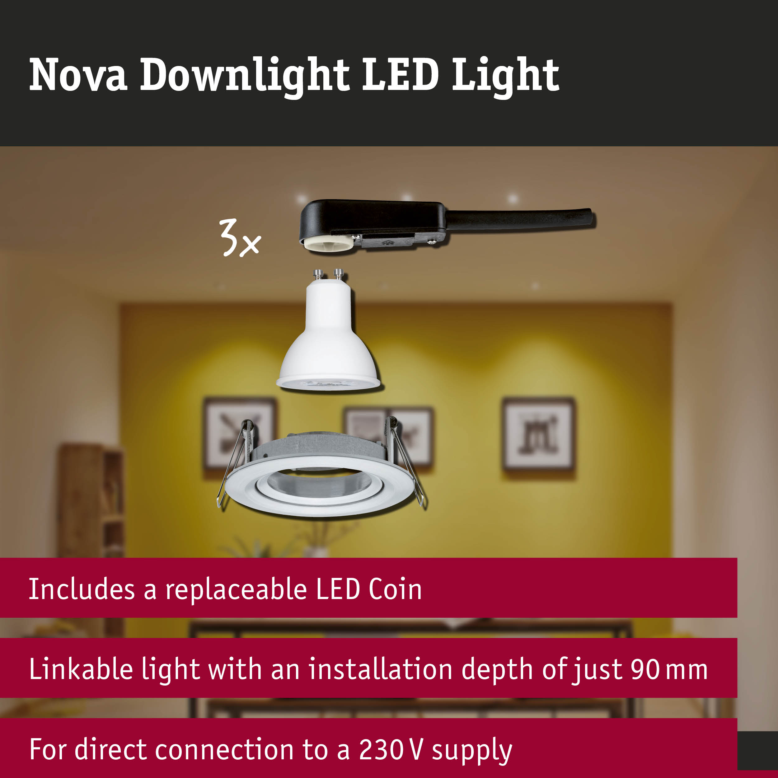 LED Downlight 3-Step-Dim Nova Basic Set Swivelling round 84mm 50° GU10 3x6,5W 3x460lm 230V dimmable 2700K Turned aluminium