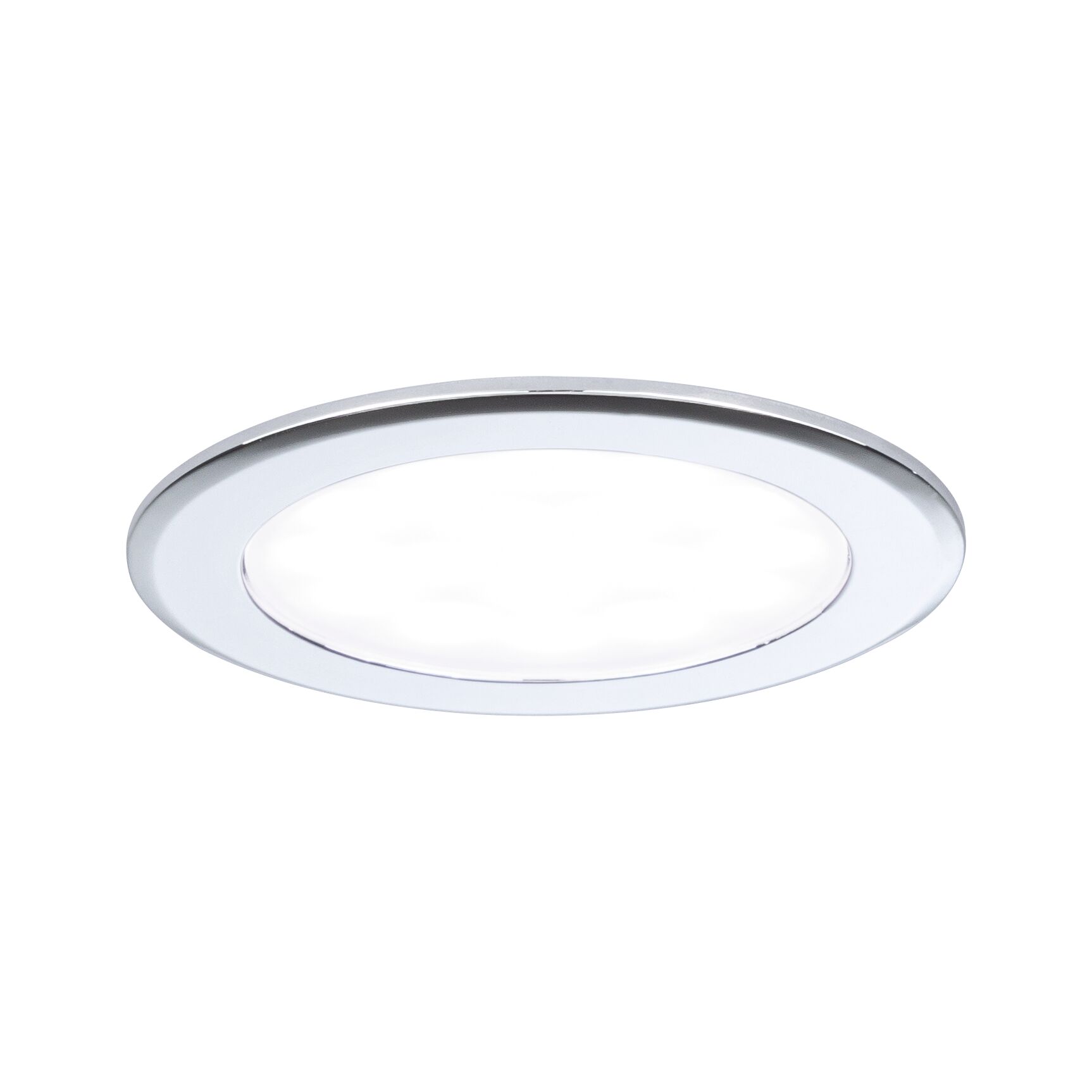 Rund LED-indbygningslampe med hvid plastdiffuser og sølvfarvet aluminiumsramme til loftbelysning