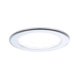 Rund LED-indbygningslampe med hvid plastdiffuser og sølvfarvet aluminiumsramme til loftbelysning
