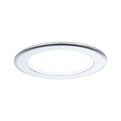 Rund LED-indbygningslampe med hvid plastdiffuser og sølvfarvet aluminiumsramme til loftbelysning