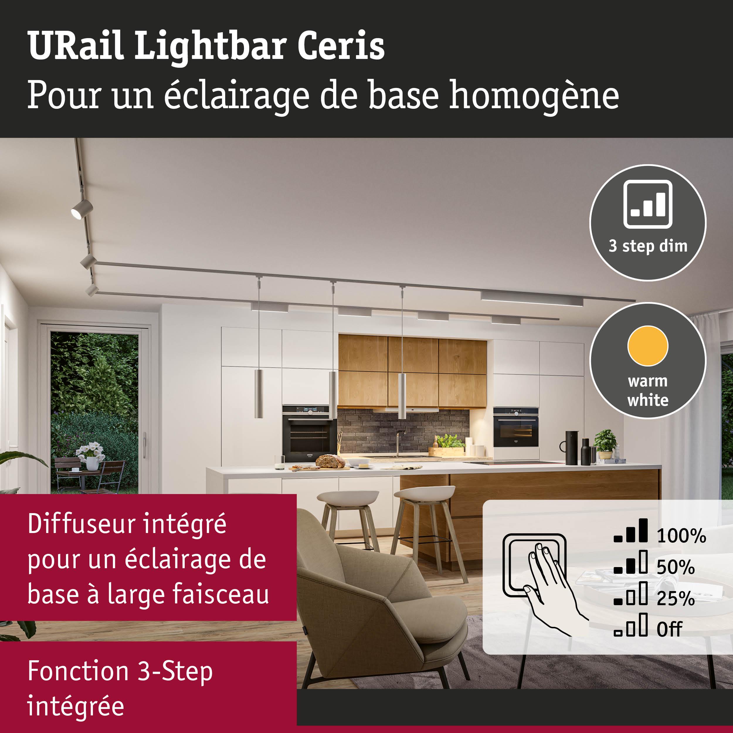 Cuisine moderne éclairée par URail Lightbar Ceris en lumière blanc chaud avec fonction dimmable 3 étapes intégrée