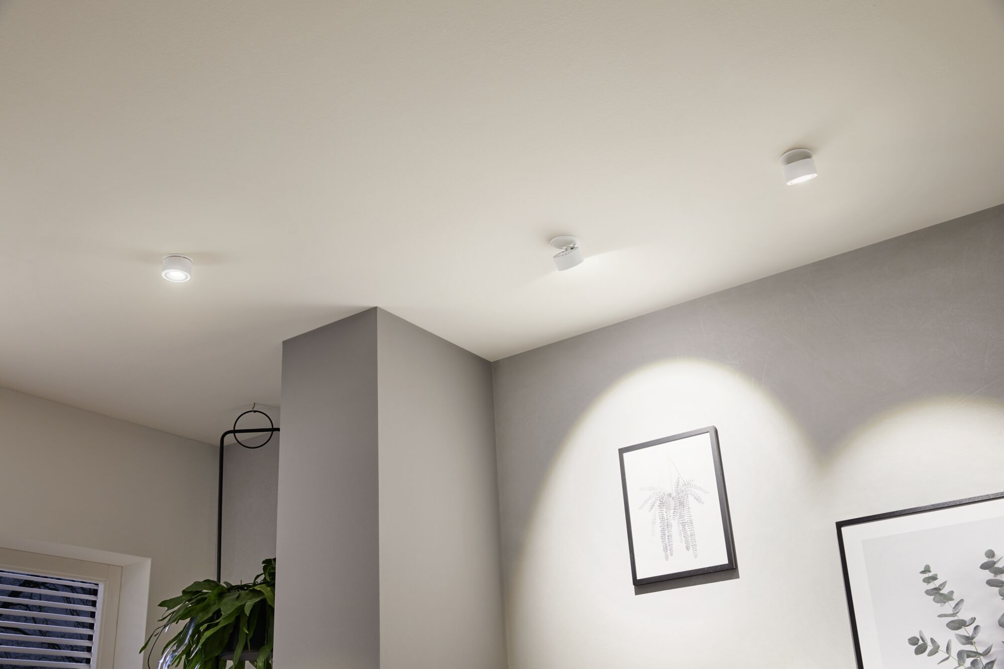 Trois spots LED blancs en métal au plafond éclairent un coin salon moderne avec tableaux et plante