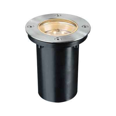 Round recessed floor spotlight with stainless steel and black plastic housing, warm white LED light