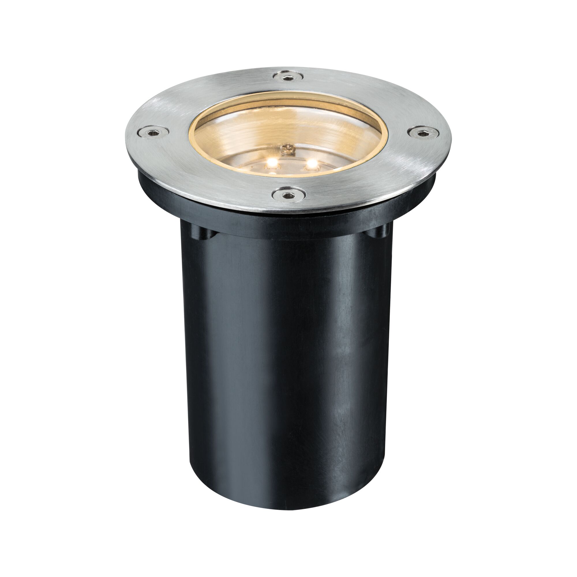 LED-grondinbouwlamp IP67 rond 110mm 2700K 1,2W 20lm 230V Edelstaal Metaal Ronde inbouwvloerspot van roestvrij staal en zwart kunststof met warmwit LED-licht