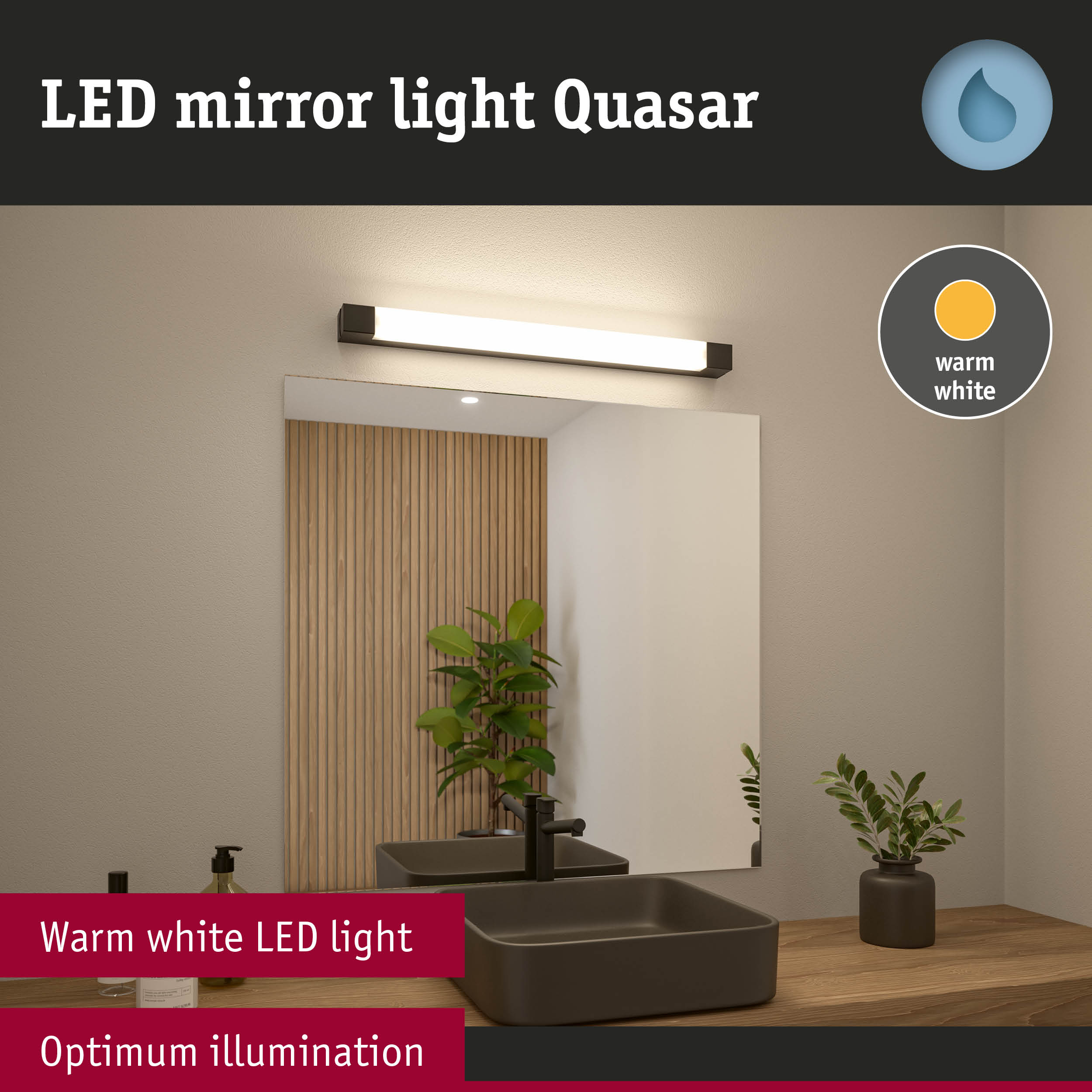 Quasar warm white LED mirror light above bathroom sink with wooden decor and modern faucet