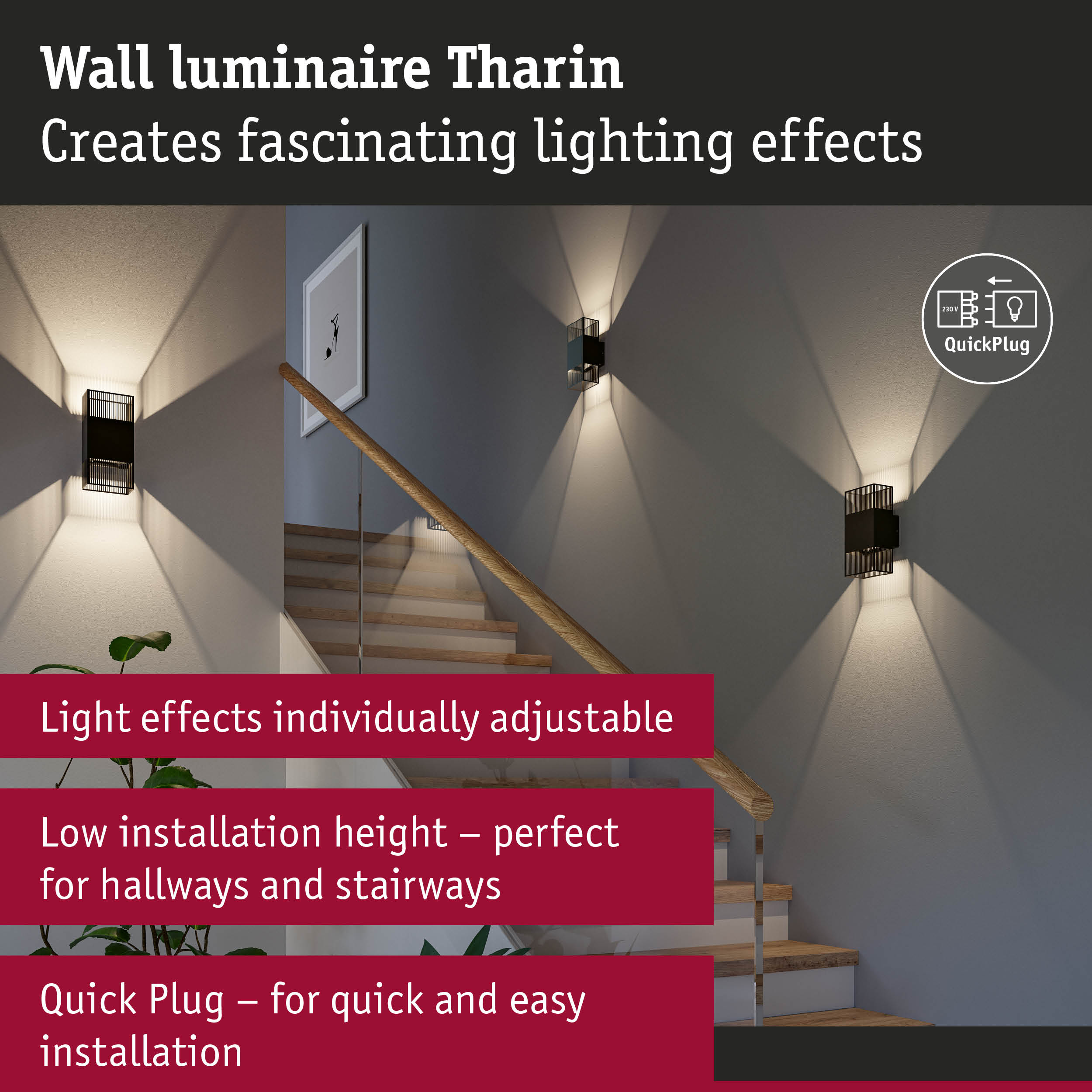 Black metal Tharin wall luminaire with adjustable light effects ideal for hallways and stairways