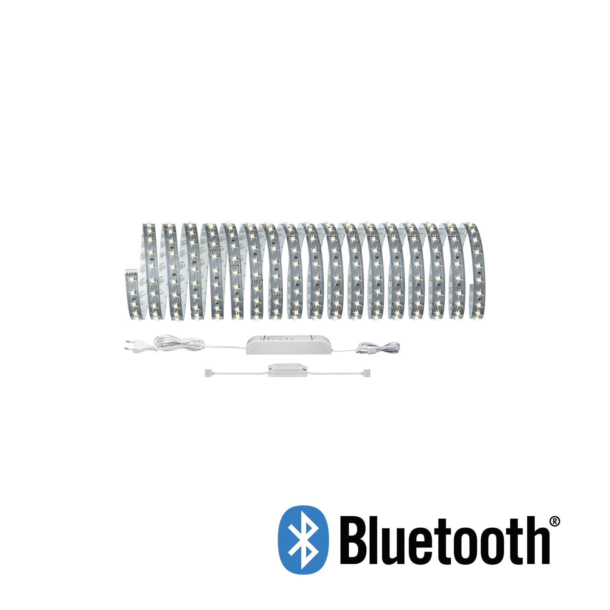 Hvid LED-lysskinne med Bluetooth-styring og strømforsyning til fleksible belysningsløsninger.