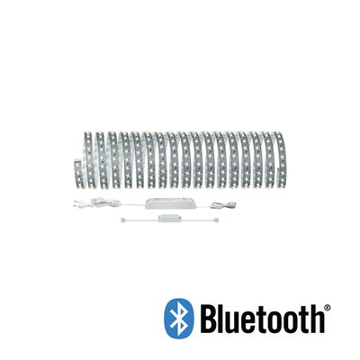 Hvid LED-lysskinne med Bluetooth-styring og strømforsyning til fleksible belysningsløsninger.