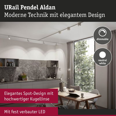 Moderne URail Pendel Aldan LED-Hängeleuchte in Weiß mit dimmbarer neutralweißer Beleuchtung im Esszimmer