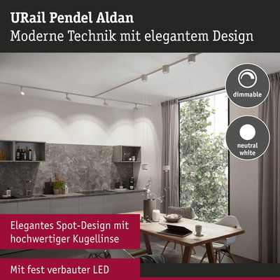 Moderne URail Pendel Aldan LED-Hängeleuchte in Weiß mit dimmbarer neutralweißer Beleuchtung im Esszimmer