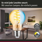 Glühbirne mit spiralförmigem LED-Filament, dimmbar und mit einstellbarem Weißton in Wohnraum