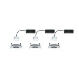 Three white LED recessed spotlights with black cables and mounting clips for ceiling installation