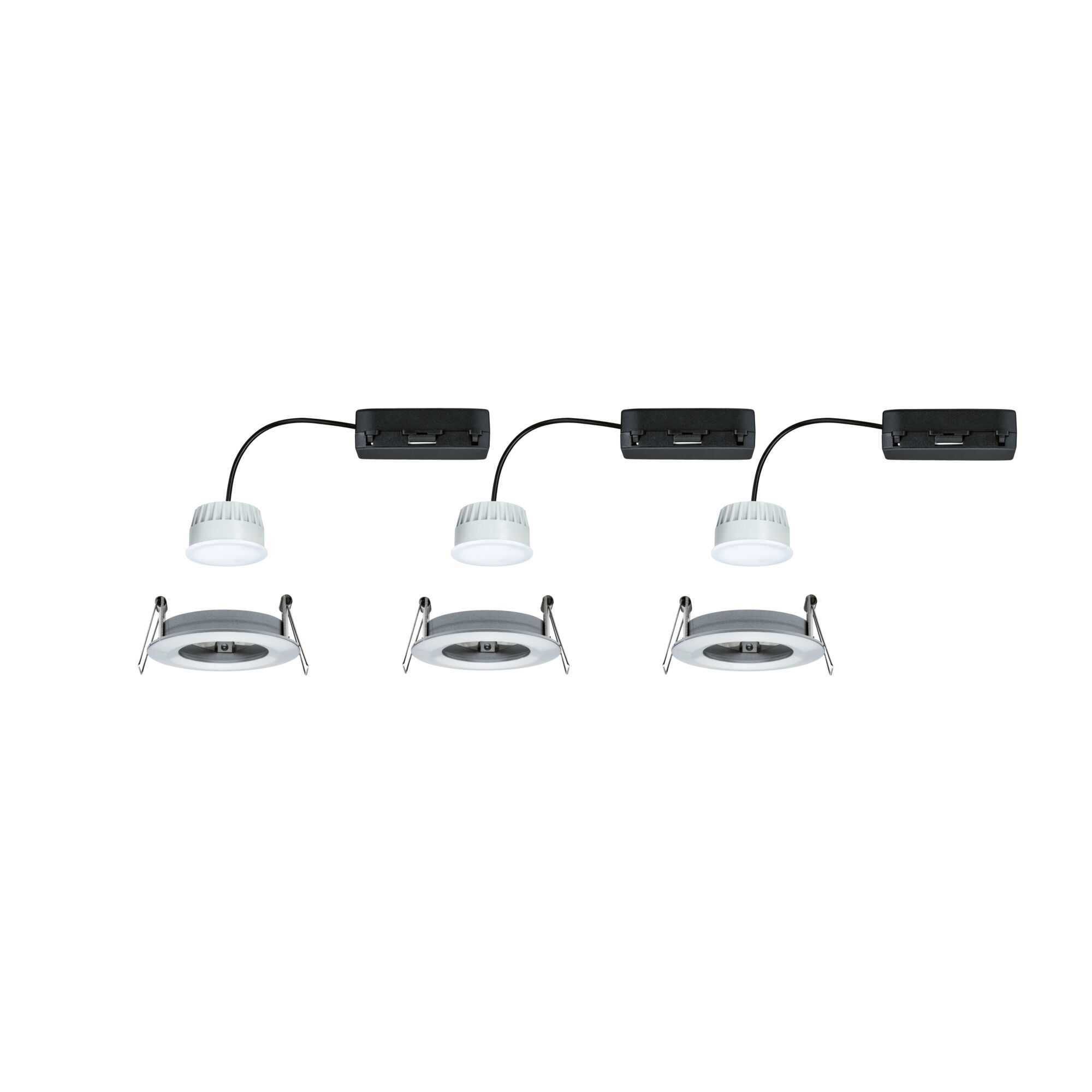 Trois spots encastrés LED blancs avec câbles noirs et clips de fixation pour montage au plafond