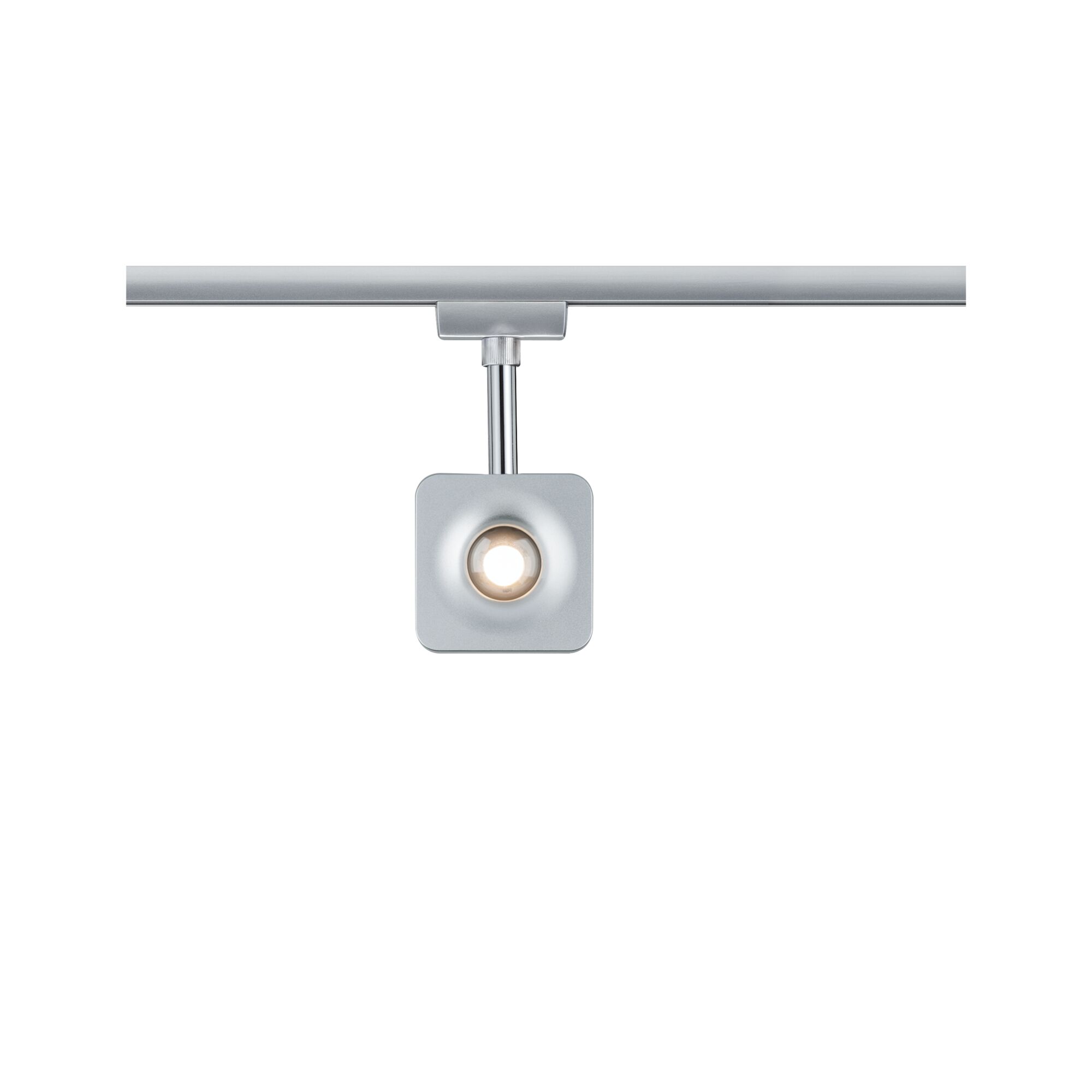Modern square silver metal LED spotlight for track systems with warm white light