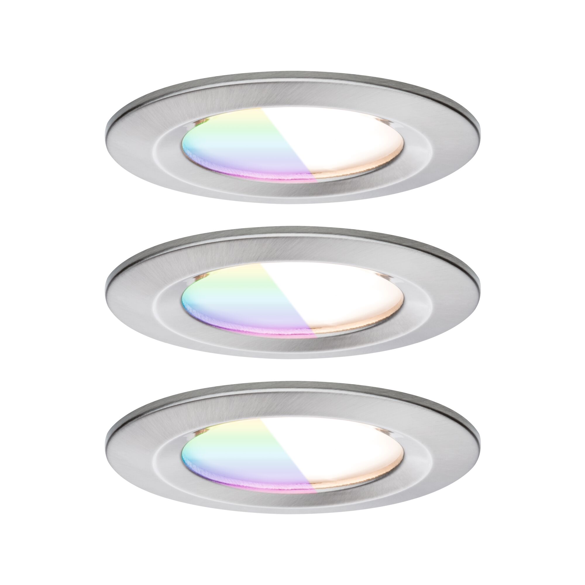 Drei runde Einbaustrahler aus gebürstetem Aluminium mit dimmbarer LED und Farbwechselfunktion