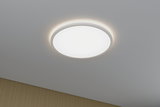 Round white LED ceiling light with indirect glow and modern design for living spaces.