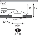 Technische Zeichnung eines Einbaustrahler mit 90 mm Durchmesser und 230V Anschluss, 30 Grad neigbar.