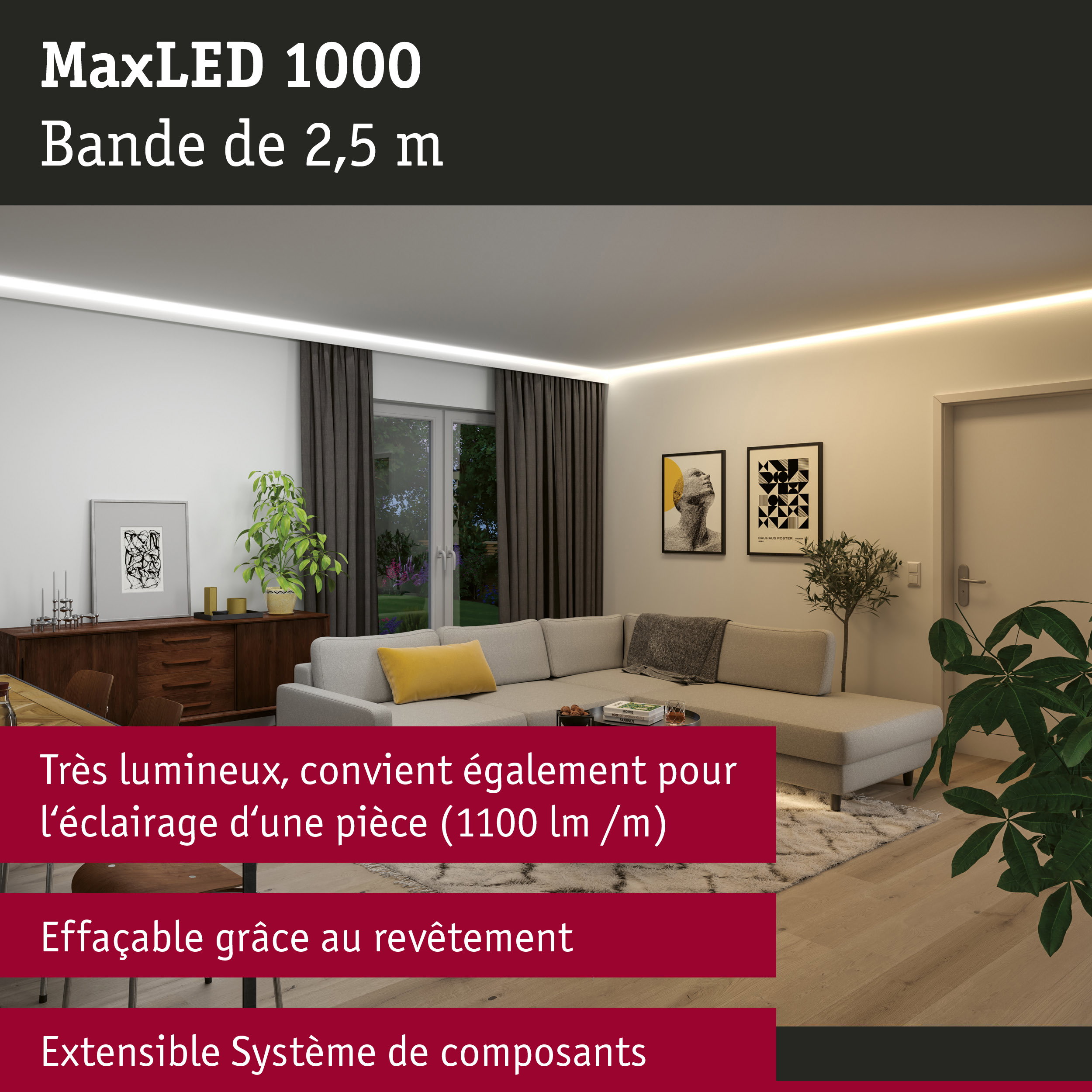 Bande LED MaxLED 1000 de 2,5 m en blanc chaud pour éclairage intérieur moderne