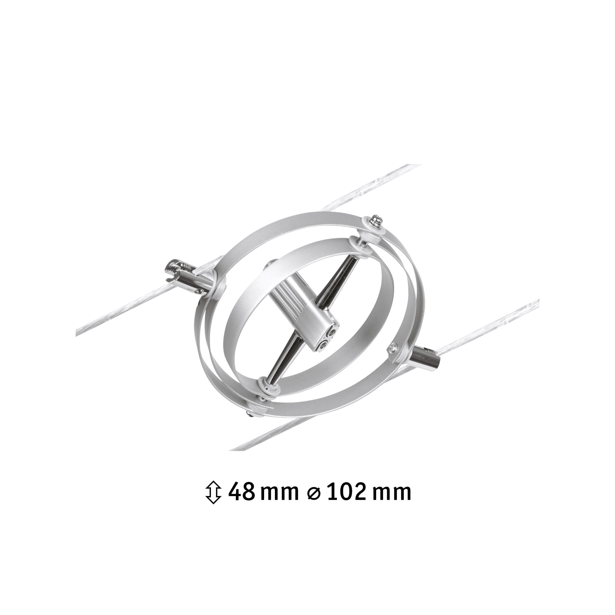 Silver metal cable tensioner with two rings and screws for cable systems, 48 mm height, 102 mm diameter