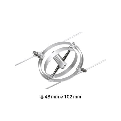 Silver metal cable tensioner with two rings and screws for cable systems, 48 mm height, 102 mm diameter