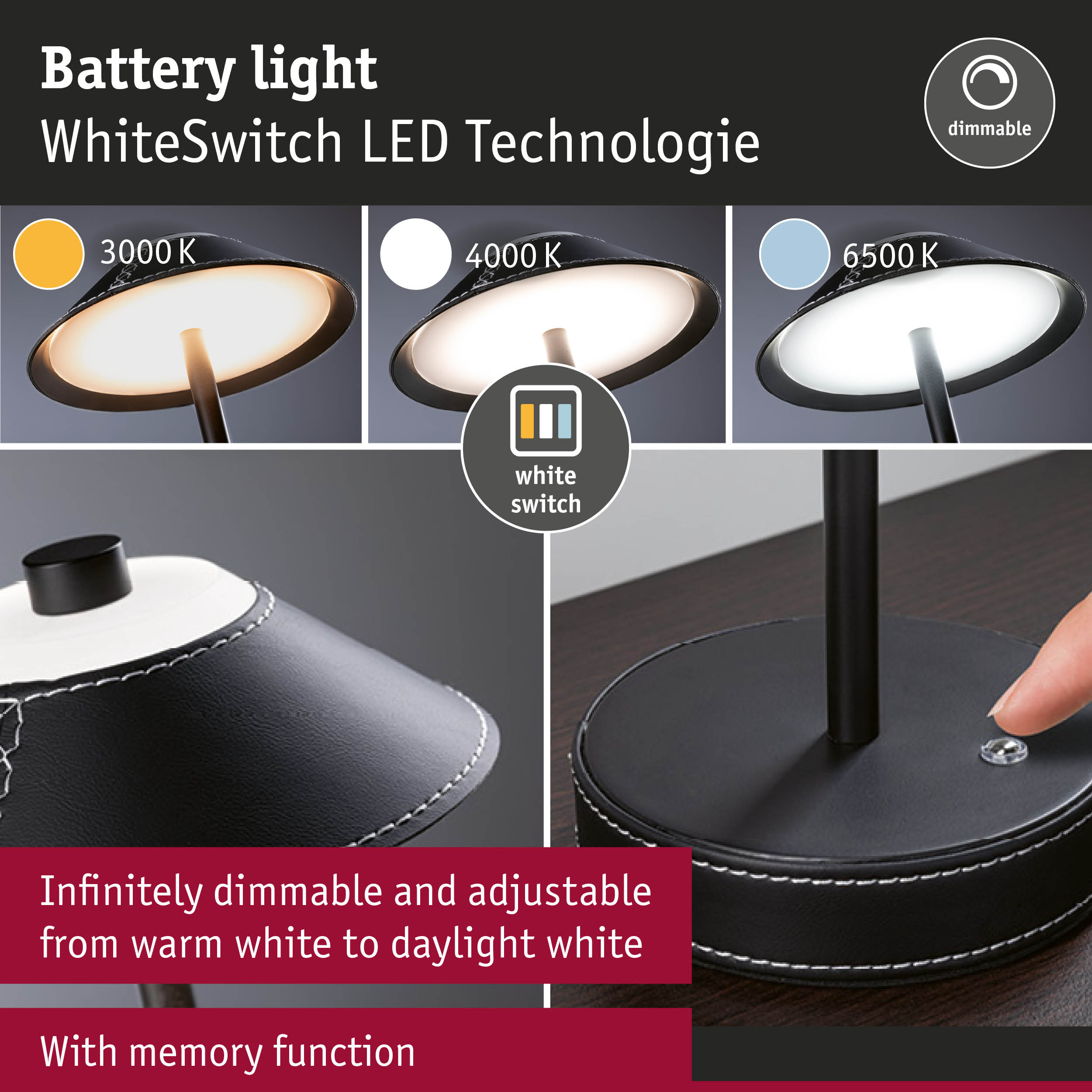 Black LED table lamp with dimmable WhiteSwitch technology and adjustable color temperature from 3000K to 6500K