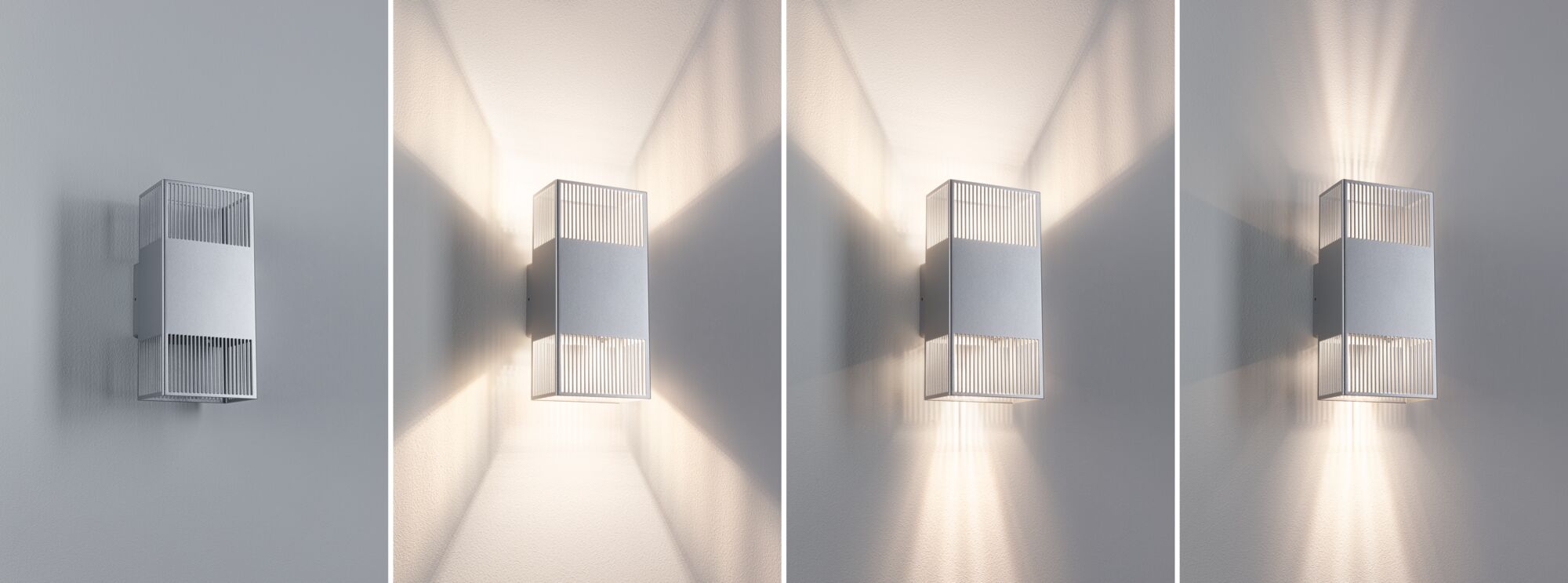 Moderner silberner Aluminium-Wandleuchter mit Gitterdesign und variabler Lichtwirkung an weißer Wand
