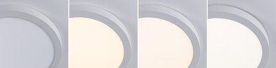 Four images of a round white plastic ceiling light showing different brightness levels