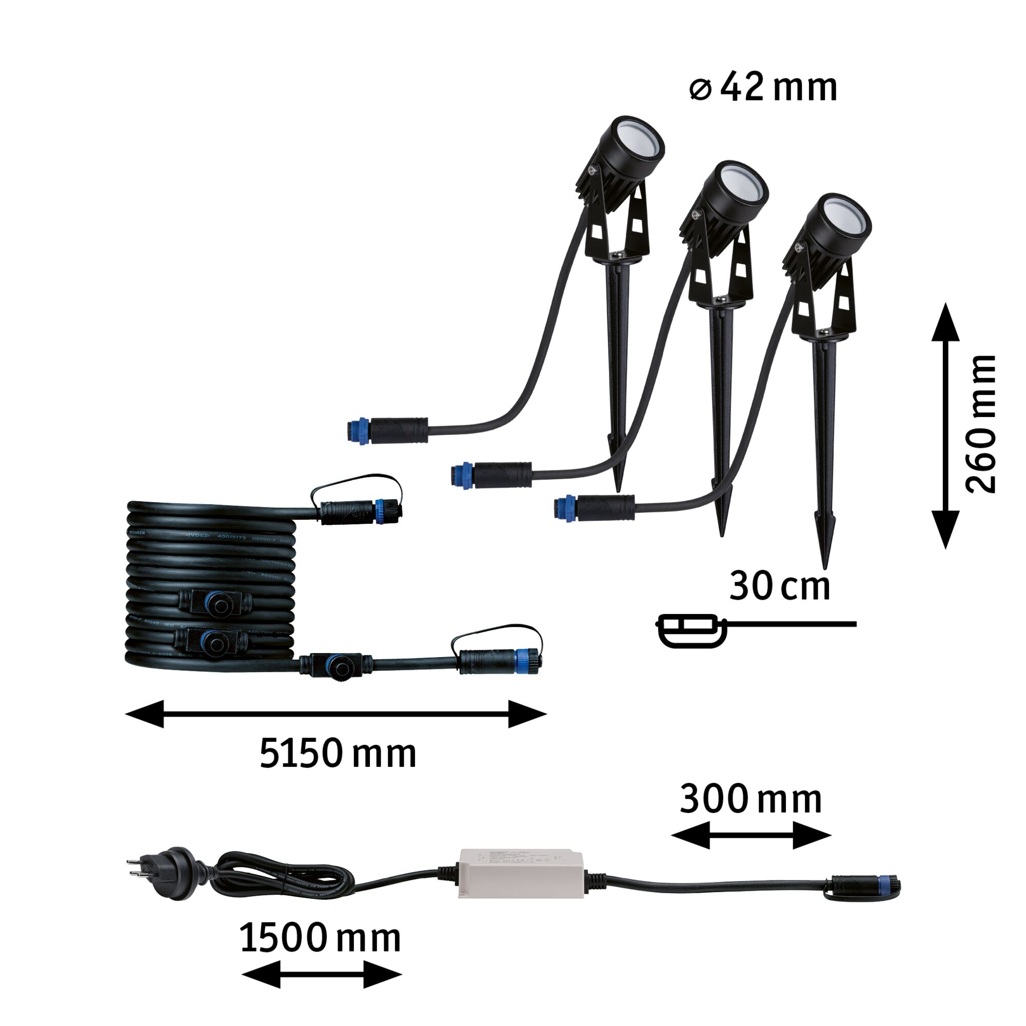 Black LED garden spotlight set with ground spikes and cables, 42 mm diameter, 260 mm height