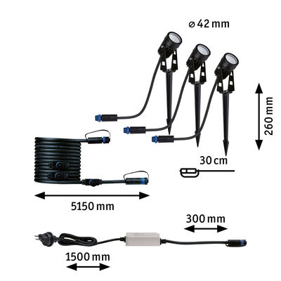 Schwarzes LED-Gartenstrahler-Set mit Erdspießen und Kabeln, Maße 42 mm Durchmesser, 260 mm Höhe
