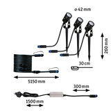 Black LED garden spotlight set with ground spikes and cables, 42 mm diameter, 260 mm height