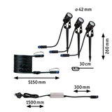 Black LED garden spotlight set with ground spikes and cables, 42 mm diameter, 260 mm height