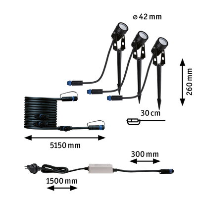Schwarzes LED-Gartenstrahler-Set mit Erdspießen und Kabeln, Maße 42 mm Durchmesser, 260 mm Höhe