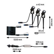 Schwarzes LED-Gartenstrahler-Set mit Erdspießen und Kabeln, Maße 42 mm Durchmesser, 260 mm Höhe
