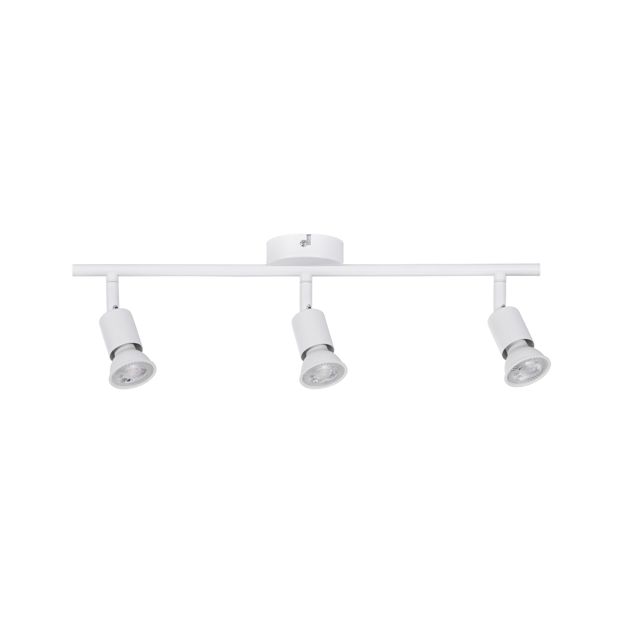 Three white metal LED ceiling spotlights with adjustable heads for modern room lighting
