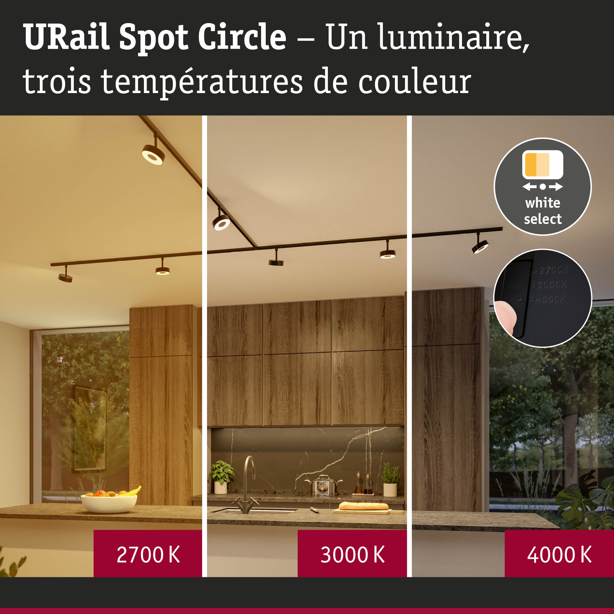 URail Spot Circle système de rail avec trois températures de couleur réglables 2700K, 3000K, 4000K en noir
