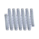 Flexible LED strip with white LEDs and adhesive backing for versatile lighting solutions.