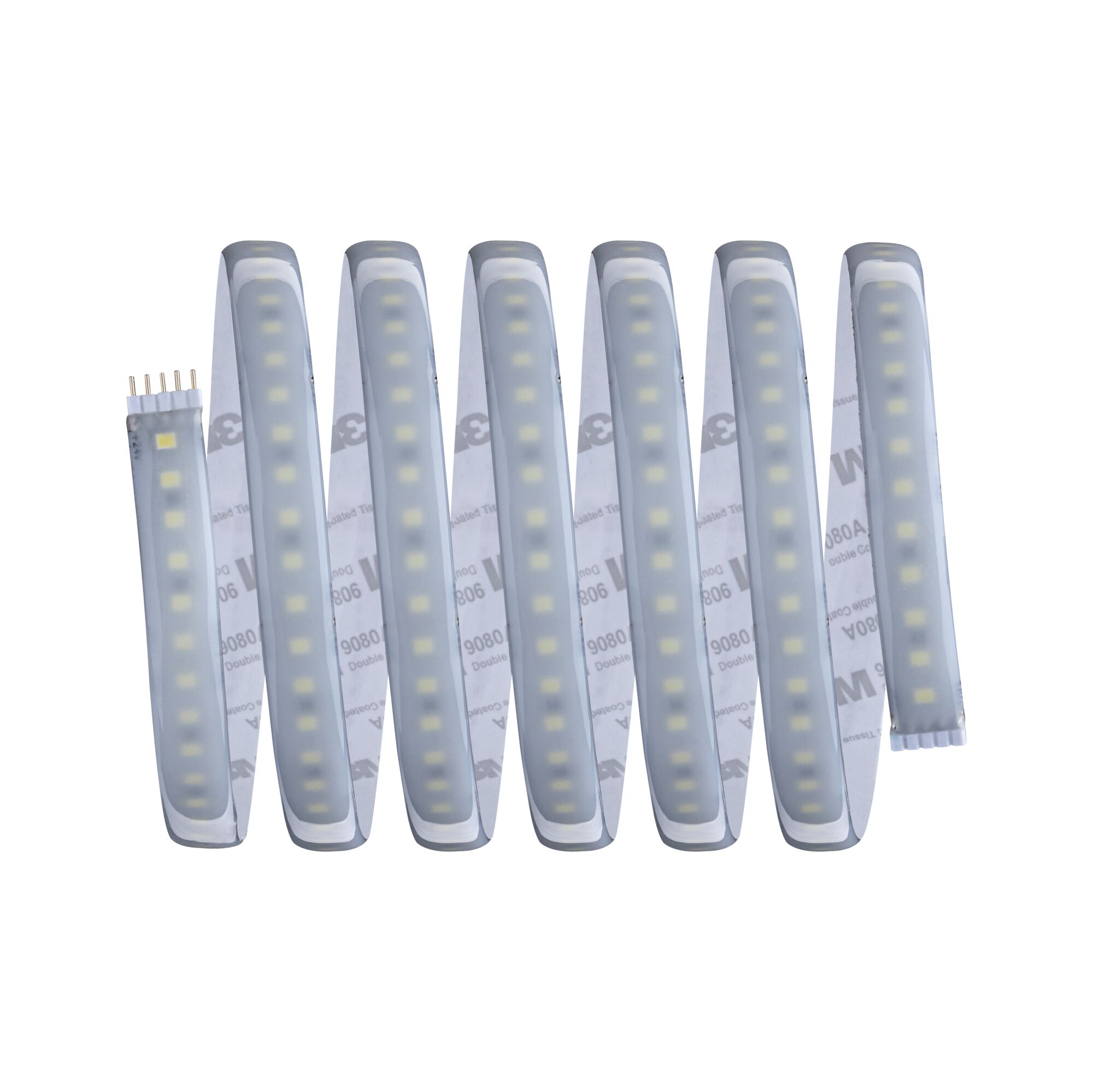 Flexibles LED-Lichtband mit weißen LEDs und selbstklebender Rückseite für vielseitige Beleuchtung.