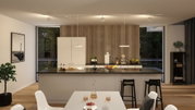 Modern white kitchen island with black countertop and wooden panel wall, ceiling LED lights