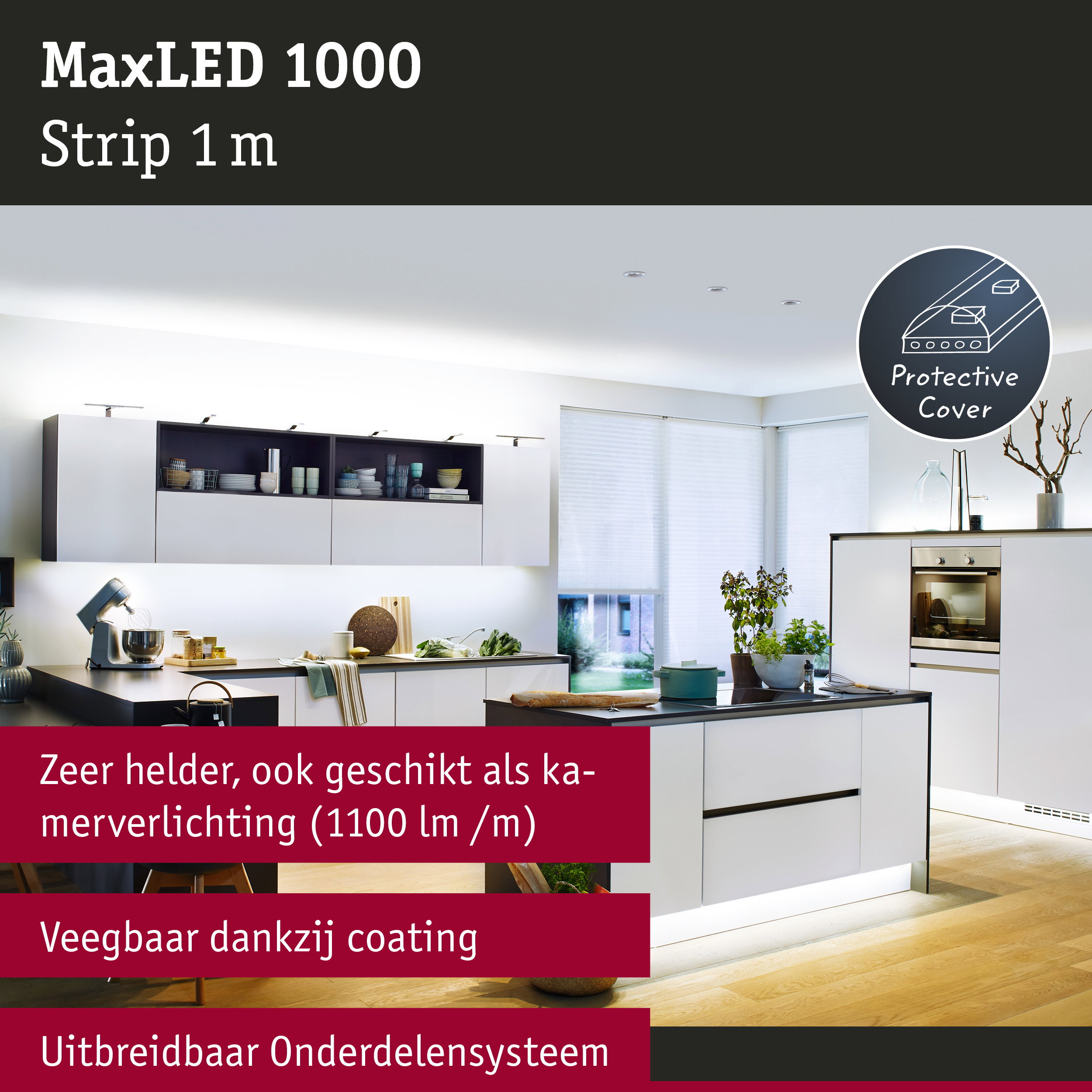 Moderne witte keuken met MaxLED 1000 LED-stripverlichting onder kasten voor helder licht