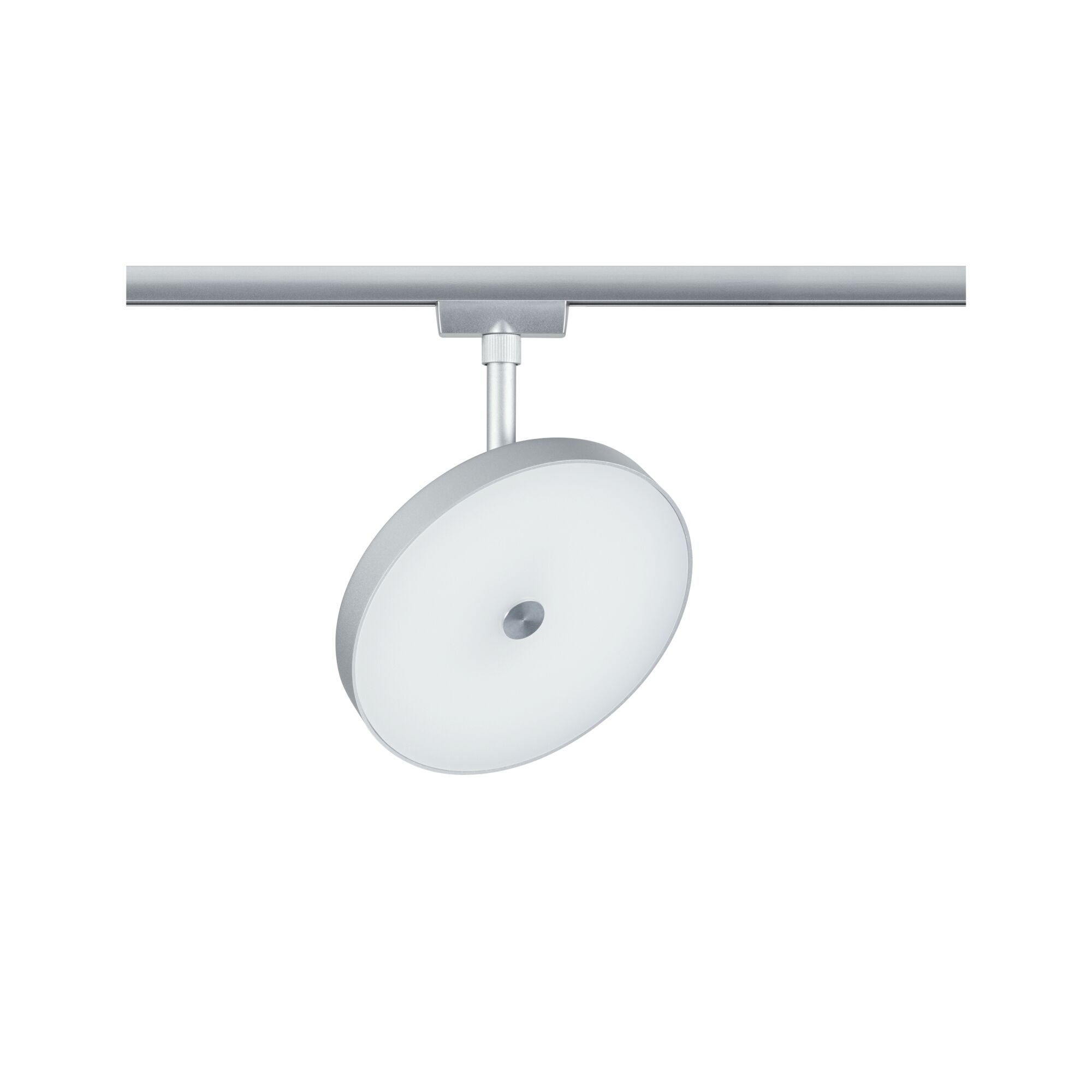 Round silver LED track light with white diffuser made of aluminum for modern room lighting