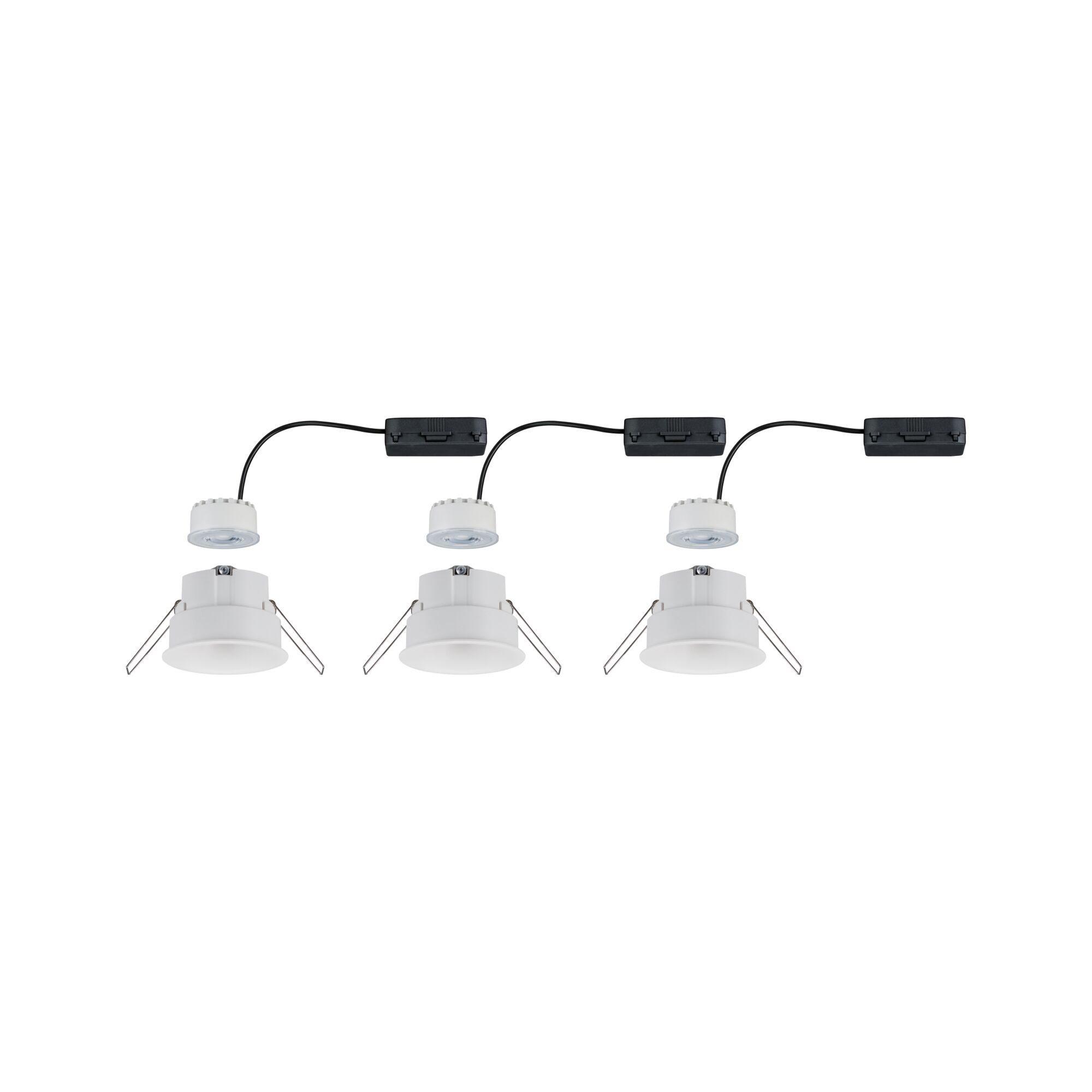Three white LED recessed spotlights with black connection cables and mounting clips for ceiling installation