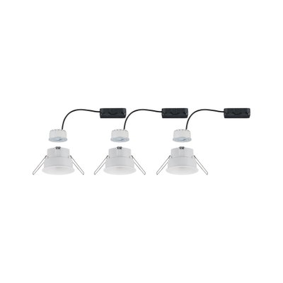 Trois spots encastrés LED blancs avec câbles noirs et clips de fixation pour montage au plafond