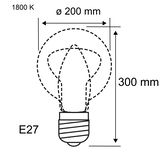 Technische Zeichnung einer E27 LED-Glühbirne mit 200 mm Durchmesser und 300 mm Höhe, 1800 K Lichtfarbe