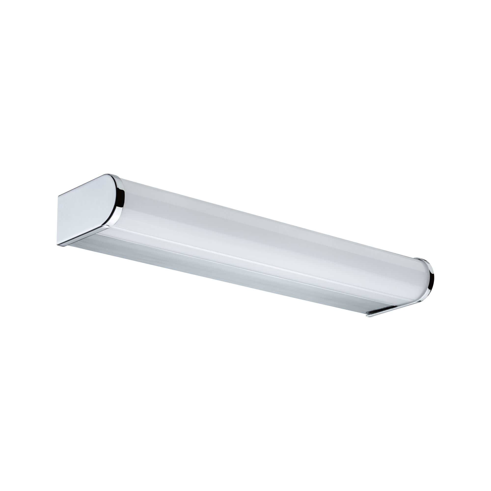Modern white LED wall light with chrome plastic end caps for indoor lighting solutions
