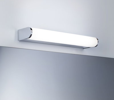 Modern white LED wall light with chrome accents above mirror, energy-saving bathroom lighting